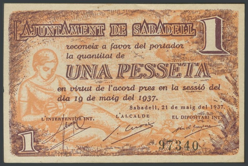 SABADELL (BARCELONA). 1 peseta. May 19, 1937. (Gonz\u00e1lez: 9777). AU.