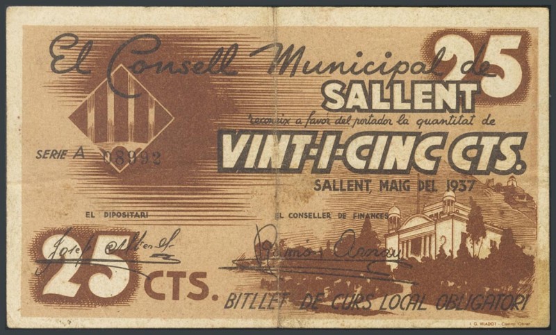 SALLENT (BARCELONA). 25 cents. May 1937. Series A. (Gonz\u00e1lez: 9821). F.