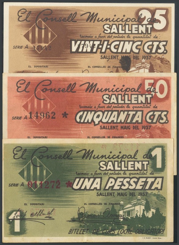 SALLENT (BARCELONA). 25 Cents, 50 Cents and 1 Peseta. May 1937. Series A, all. (...