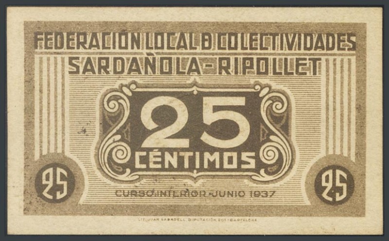 SARDA\u00d1OLA-RIPOLLET (BARCELONA). 25 cents. June 1937. (Gonz\u00e1lez: 9872)....