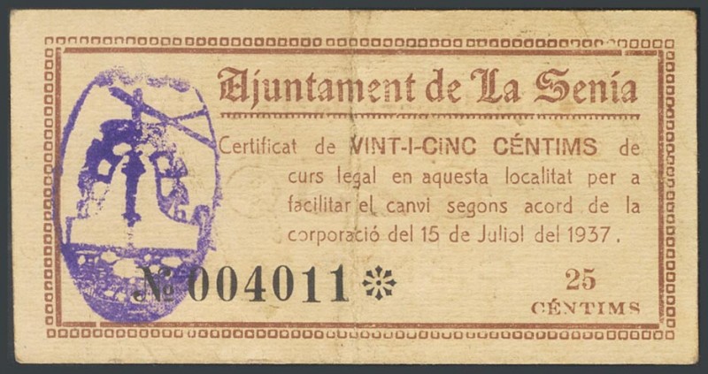 LA SENIA (TARRAGONA). 25 cents. July 15, 1937. (Gonz\u00e1lez: 9940). F.