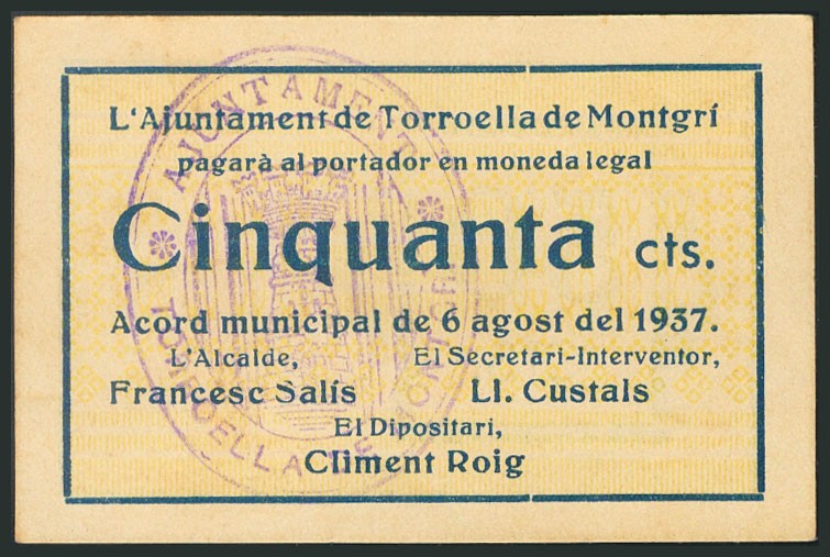 TORRELLA DE MONTGRI (GERONA). 50 Cents. August 6, 1937. (Gonz\u00e1lez: 10394). ...