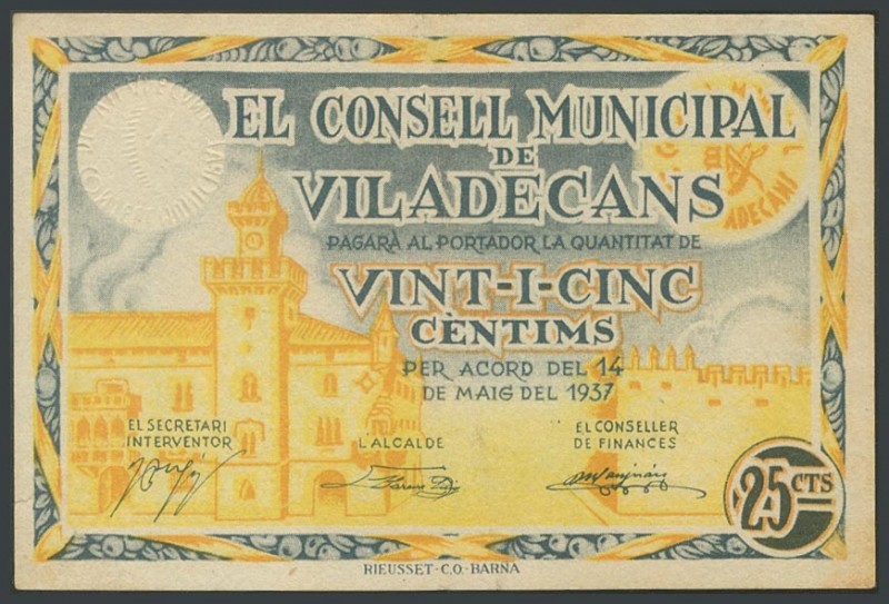 VILADECANS (BARCELONA). 25 cents. May 14, 1937. Series C. (Gonz\u00e1lez: 10686)...