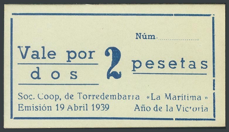 TORREDEMBARRA 2 Pesetas voucher issued on April 19, 1939 by the Cooperative Soci...