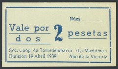 TORREDEMBARRA 2 Pesetas voucher issued on April 19, 1939 by the Cooperative Society "La Maritime". UNC.