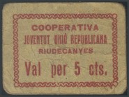 Voucher of 5 Pesetas from the Cooperativa de Riudecanyes. VF.
