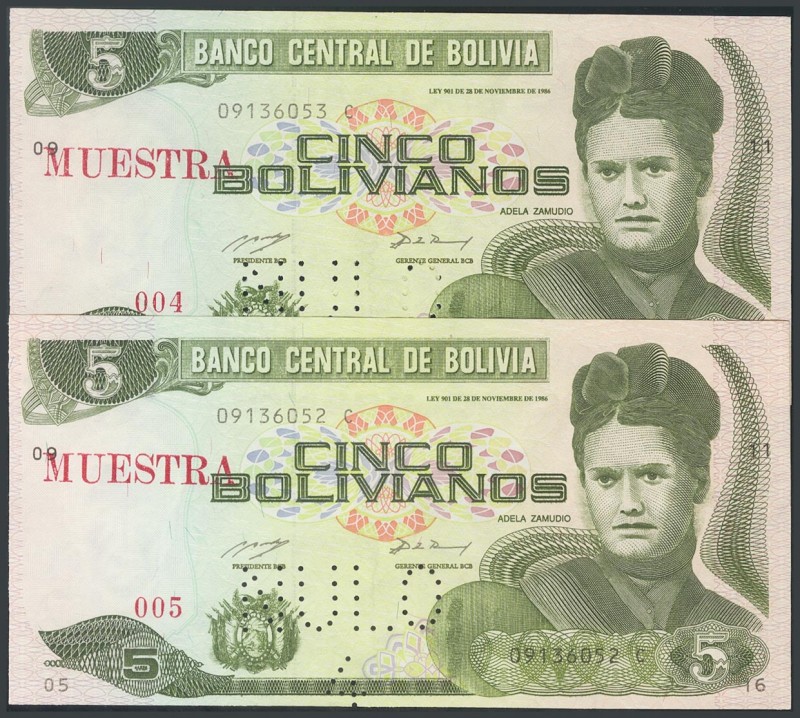 BOLIVIA. 5 Bolivians. November 28, 1986. Correlative pair. Series C. SAMPLE 004 ...