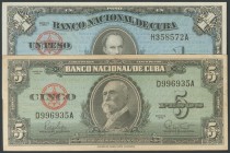 CUBA. Set of 2 banknotes of 1 Peso and 5 Pesos. 1960. (Pick: 77b, 92). Very Fine \/ Uncirculated.
