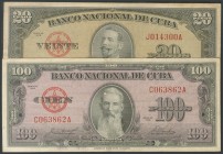 CUBA. Set of 2 banknotes of 20 Pesos and 100 Pesos. 1958. (Pick: 80b, 82c). Very Fine.