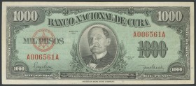 CUBA. 1000 pesos. 1950. Series AA. (Pick: 84a). Pressed. Scarce. Very Fine.