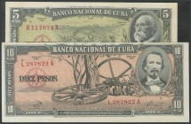 CUBA. Set of 2 banknotes of 5 Pesos and 10 Pesos. 1960. (Pick: 88c, 91c). One round corner on 5 Pesos. Uncirculated.