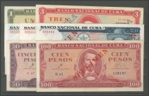 CUBA. Set of 7 banknotes of 1 Peso, 3 Pesos, 5 Pesos, 10 Pesos, 20 Pesos, 50 Pesos and 100 Pesos. (1961ca). SPECIMENS. (Pick: 98s, 99s, 102s3, 104bs2,...