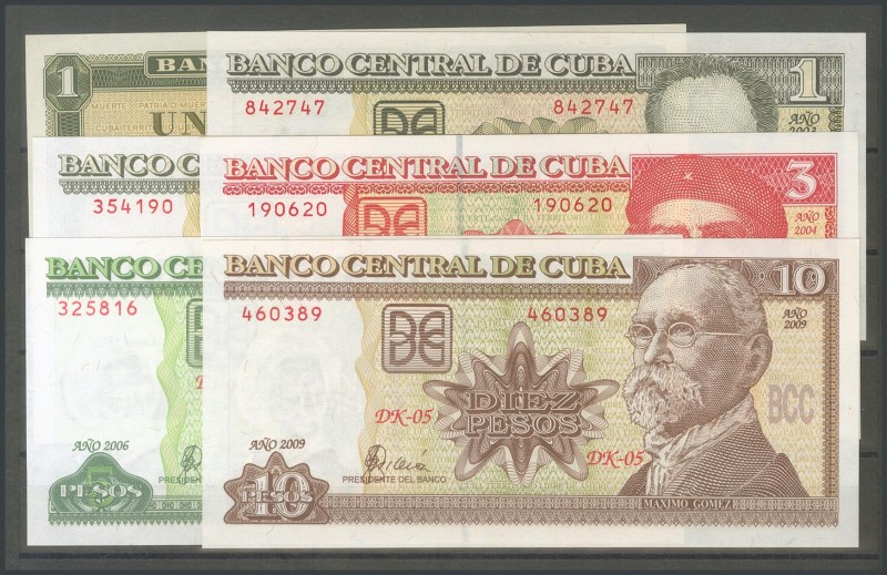 CUBA. Set of 6 banknotes of 1 Peso (3), 3 Pesos, 5 Pesos and 10 Pesos. (1981ca)....