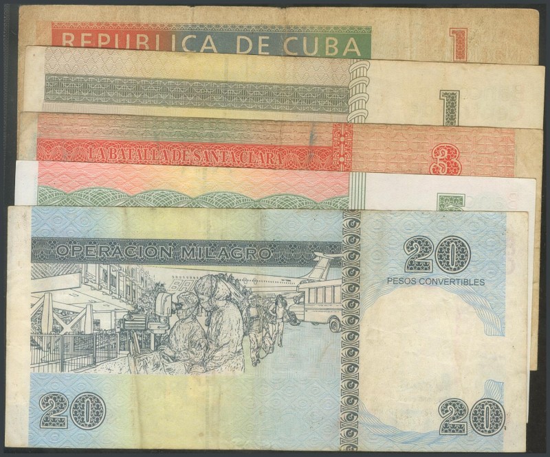 CUBA. Set of 5 banknotes of 1 Peso (2), 3 Pesos, 5 Pesos and 20 Convertible Peso...