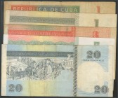 CUBA. Set of 5 banknotes of 1 Peso (2), 3 Pesos, 5 Pesos and 20 Convertible Pesos. (1994ca). (Pick: FX37, FX46d, FX47b, FX48f, FX50a). Fine \/ Extreme...