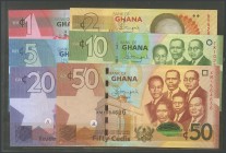 GHANA. 1 Cedis, 2 Cedis, 5 Cedis, 10 Cedis, 20 Cedis and 50 Cedis. (2007ca). (Pick: 27, 28, 39, 40, 42). Uncirculated.