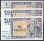 ICELAND. 10 Kronur. (1961ca). Consecutive run of three banknotes. (Pick: 48). Uncirculated.