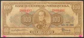 VENEZUELA. 100 Bolivars. July 31, 1952. Signatures: Carlos Mendoza and Gonz\u00e1lez Gorrondona. Series D and 6 digits. (Pick: 34a, Sleiman: 40). F