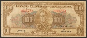 VENEZUELA. 100 Bolivars. June 13, 1957. Series H. (Pick: 34c, Sleiman: 59). VF-.