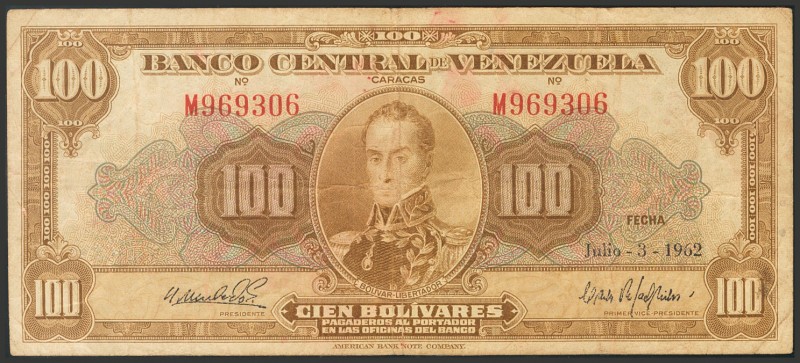 VENEZUELA. 100 Bolivars. July 3, 1962. Signatures: Alfredo Machado and Carlos Ra...