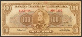 VENEZUELA. 100 Bolivars. July 3, 1962. Signatures: Alfredo Machado and Carlos Rafael Silva. Series M and 6 digits (Pick: 34d, Sleiman: 73). VF.