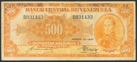 VENEZUELA. 500 Bolivars. August 14, 1947. Signatures: Herrera Mendoza and Gonz\u00e1lez Gorrondona. Series B. (Pick: 37a, Sleiman: 15). XF-.