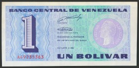 VENEZUELA. 1 Bolivar. October 5, 1989. Signatures: Pedro R. Tirico Jr. and Jos\u00e9 Vicente Rodr\u00edguez Aznar. Serie A. (Pick: 68, Sleiman: 1). XF...