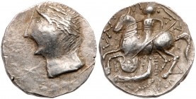 Celtic Central Europe & Asia Minor
East Celts. Imitations of coins of Patraos. Silver Tetradrachm (10.96 g), ca. 2nd Century BC. Crude head of Apollo...