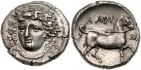 Larissa (Ancient Greece/Thessaly)
Thessaly, Larissa. Silver Stater (11.90 g), ca. 356-342 BC. Head of the nymph Larissa facing slightly left, hair bo...