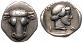 Phocis (Ancient Greece)
Phocis. Phocian League Federal Coinage. Silver Triobol (2.99 g), ca. 449-447 BC. Bucranium facing. Reverse: &Phi; - O - K - I...