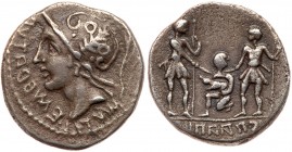 Roman Republic (Ancient, pre-41 BC)
Social War. C. Papius C.f. Mutilus. Silver Denarius (3.65 g), 90 BC. Mobile mint. MVTIL EMPRATVR (Oscan), Helmete...