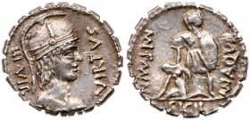 Roman Republic (Ancient, pre-41 BC)
Mn. Aquillius. Silver Denarius (3.83 g), 65 BC. Rome. III VIR behind, VIRTVS before, helmeted and draped bust of ...