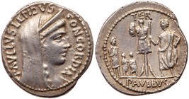 Roman Republic (Ancient, pre-41 BC)
L. Aemilius Lepidus Paullus. Silver Denarius (3.94 g), 62 BC. Rome. PAVLLVS LEPIDVS behind and above, CONCORDIA b...