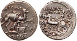Roman Republic (Ancient, pre-41 BC)
M. Aemilius Scaurus and Pub. Plautius Hypsaeus. Silver Denarius (3.89 g), 58 BC. Rome. M SCAVR above, / [A]ED CVR...