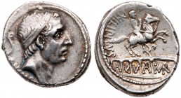 Roman Republic (Ancient, pre-41 BC)
L. Marcius Philippus. Silver Denarius (3.86 g), 57 BC. Rome. [(AN)CVS] below, diademed head of Ancus Marcius righ...