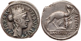 Roman Republic (Ancient, pre-41 BC)
A. Plautius. Silver Denarius (4.01 g), 55 BC. Rome. A PLAVTIVS AED CVR S C, turreted head of Cybele right. Revers...