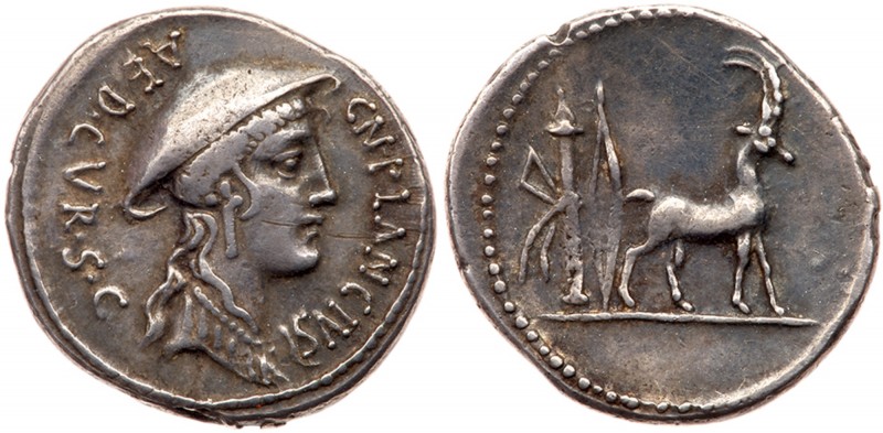 Roman Republic (Ancient, pre-41 BC)
Cn. Plancius. Silver Denarius (3.62 g), 55 ...