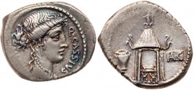 Roman Republic (Ancient, pre-41 BC)
Q. Cassius Longinus. Silver Denarius (3.93 g), 55 BC. Rome. Q CASSIVS before, [LIBERT] behind, diademed head of L...
