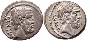 Roman Republic (Ancient, pre-41 BC)
Q. Servilius Caepio Brutus. Silver Denarius (3.96 g), 54 BC. Rome. BRVTVS, bare head of L. Junius Brutus right. R...