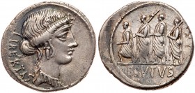 Roman Republic (Ancient, pre-41 BC)
Q. Caepio Brutus. Silver Denarius (3.86 g), 54 BC. Rome. LIBERTAS behind, head of Libertas right, jewels in hair ...