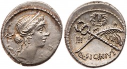 Roman Republic (Ancient, pre-41 BC)
Q. Sicinius. Silver Denarius (3.82 g), 49 BC. Rome. F[ORT P] R, diademed head of Fortuna Populi Romani right. Rev...