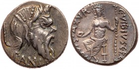 Roman Republic (Ancient, pre-41 BC)
C. Vibius C.f. C.n. Pansa Caetronianus. Silver Denarius (3.82 g), 48 BC. Rome. PANSA below, mask of Pan right. Re...