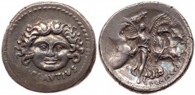 Roman Republic (Ancient, pre-41 BC)
L. Plautius Plancus. Silver Denarius (4.05 g), 47 BC. Rome. L PLAVTIVS below, Mask of Medusa with disheveled hair...
