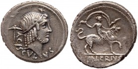 Roman Republic (Ancient, pre-41 BC)
L. Valerius Acisculus. Silver Denarius (3.83 g), 45 BC. Rome. ACISCVLVS behind, diademed head of Apollo Soranus r...