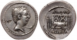 Roman Republic (Ancient, pre-41 BC)
L. Livineius Regulus. Silver Denarius (3.53 g), 42 BC. Rome. Bare head of the praetor L. Livineius Regulus right....
