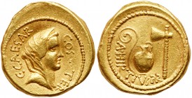 Roman Imperatorial Period (Ancient, 49-27 BC)
Julius Caesar. Gold Aureus (8.02 g), 46 BC. Rome. A. Hirtius, praetor. C CAESAR COS TER, veiled head of...
