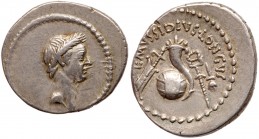 Roman Imperatorial Period (Ancient, 49-27 BC)
Julius Caesar. Silver Denarius (3.88 g), 44 BC. Rome. L. Mussidius Longus, moneyer. Laureate head of Ju...