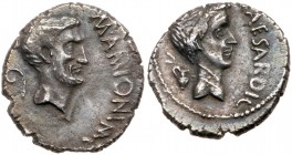 Roman Imperatorial Period (Ancient, 49-27 BC)
Mark Antony and Divus Julius Caesar. Silver Denarius (3.58 g), 43 BC. Military mint traveling with Anto...