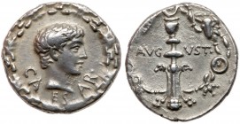 Roman Empire (Ancient, 27 BC - 476 AD)
Augustus. Silver Denarius (3.72 g), 27 BC-AD 14. Uncertain mint, ca. 17 BC. CA-ES-AR, bare head of Gaius Caesa...