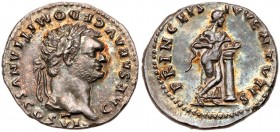 Roman Empire (Ancient, 27 BC - 476 AD)
Domitian. Silver Denarius (3.52 g), as Caesar, AD 69-81. Rome, under Vespasian, AD 79. CAESAR AVG F DOMITIANVS...